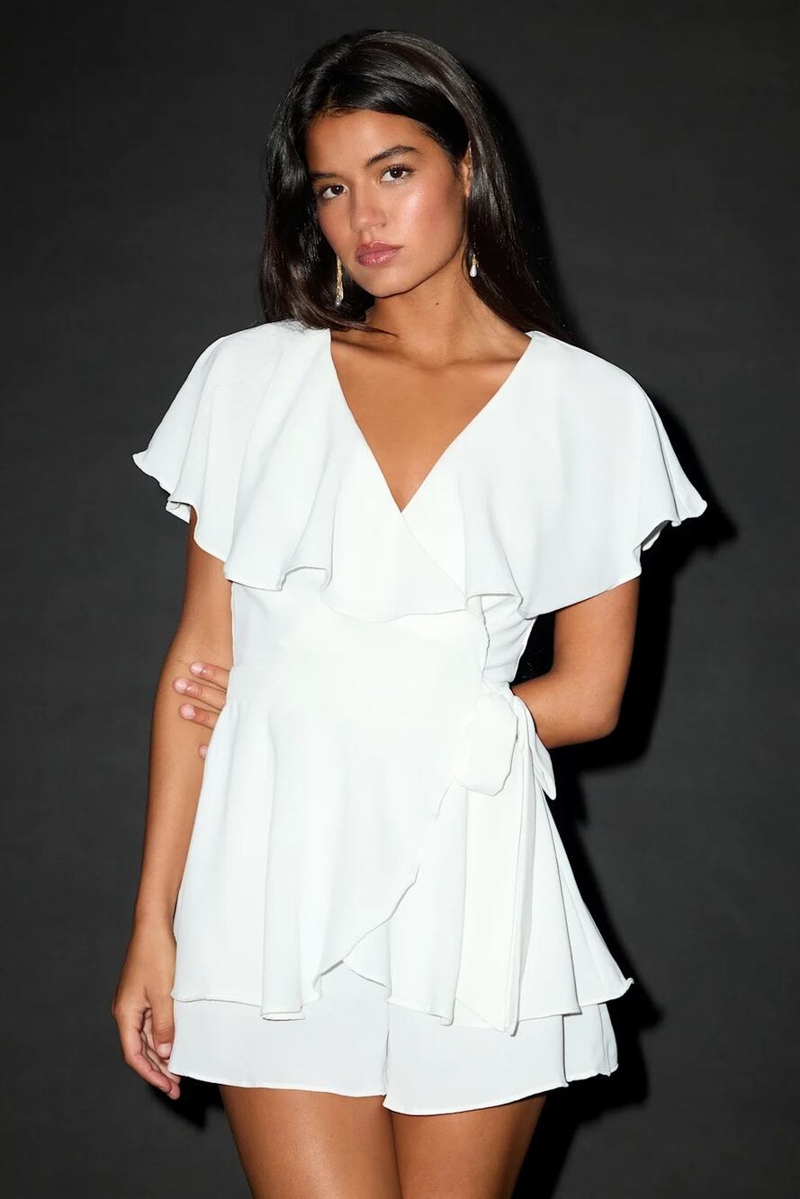 Lulus Aldrin White Ruffled Backless Wrap Skort Romper Size XL